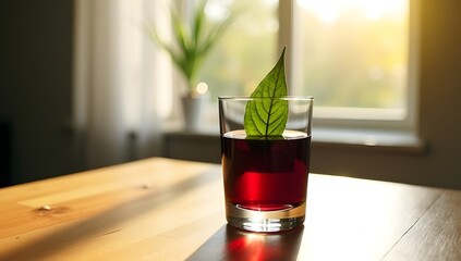 Glass of Red Wine with Leaf on Wooden Table – Warm Still Life with Natural Light

