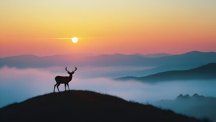 Deer Silhouette at Sunrise on Misty Hilltop – Majestic Nature Landscape at Dawn

