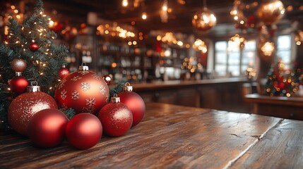 Christmas ornaments on a rustic wooden table in a festive bar setting.