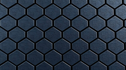 A dark textured background features a geometric hexagonal pattern