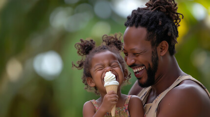 Joyful African American dad enjoys ice cream moment with daughter at a sunny outdoor park, capturing happiness between them