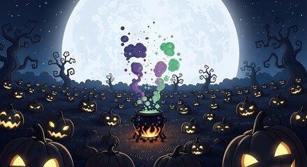 A cauldron of bubbling potion sits amidst glowing jack-o'-lanterns under a full moon on Halloween night.