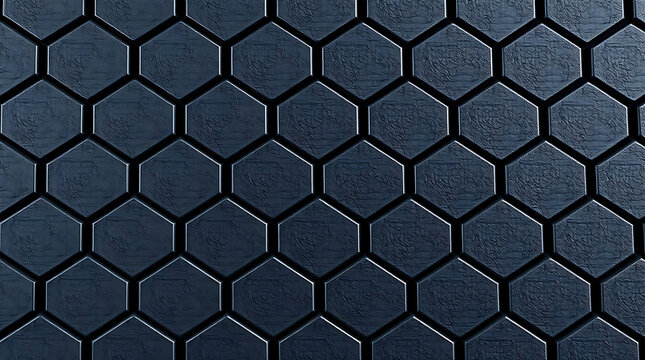 A dark textured background features a geometric hexagonal pattern