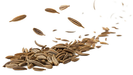 Selected caraway seeds falling in the air isolated on a white background PNG. AI GENERATED.