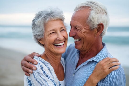 Happy senior couple laughing and embracing on the beach