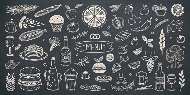 Hand Drawn Food and Drink Menu Items on Chalkboard Background