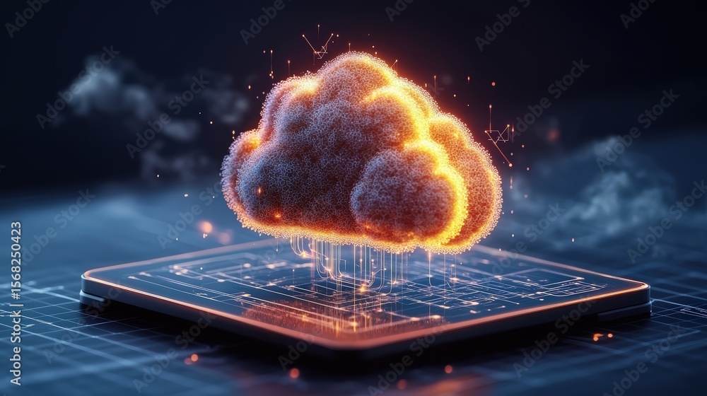 Poster futuristic digital cloud computing concept with glowing cloud hologram emerging from a tablet device