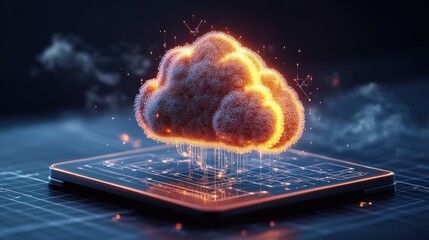 Futuristic digital cloud computing concept with glowing cloud hologram emerging from a tablet device in a dark environment