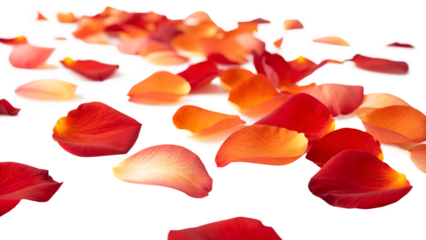 Red and orange petals floating isolated on a white background PNG. AI GENERATED.