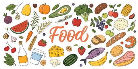 Hand Drawn Food Illustration with Vegetables Fruits and Protein Sources