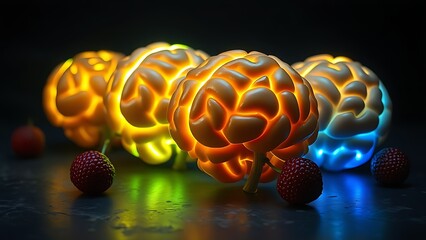 Surreal brain-shaped fruits glowing with vitality, set against a mysterious dark backdrop.