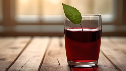 Glass of Red Wine with Leaf on Wooden Table – Warm Still Life with Natural Light

