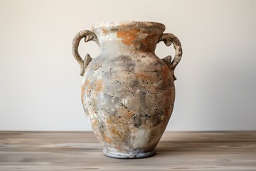 Old amphora standing on a wooden surface is showing the signs of time passing by