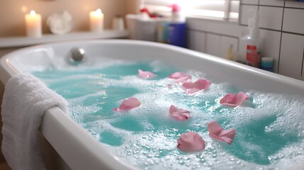 Relaxing bath with rose petals and bubbles.