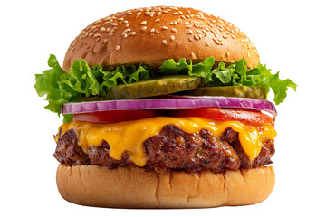 Delicious cheeseburger with fresh toppings isolated on black background close up, burger, hamburger, cheeseburger, fast food, food, meal, delicious, lettuce, tomato, cheese, onion, pickle, sesame seed
