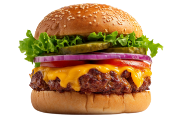 Delicious cheeseburger with fresh toppings isolated on black background close up, burger, hamburger, cheeseburger, fast food, food, meal, delicious, lettuce, tomato, cheese, onion, pickle, sesame seed