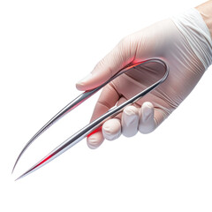 Surgical forceps in gloved hand on black background