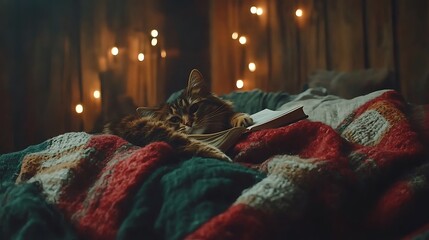 A tabby cat rests on a bed, reading a book under warm lighting.