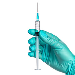 Syringe held by gloved hand against black background
