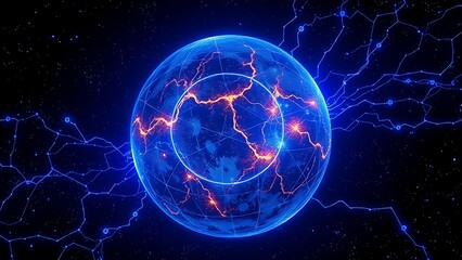 Obraz premium Earth's magnetic field depicted as luminous blue veins, pulsing alongside floating oxygen bubbles.