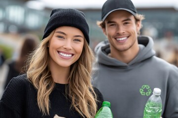 Volunteers promoting environmental awareness holding recyclable bottles and smiling