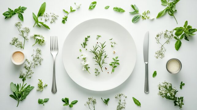 Aesthetic and Minimalist Culinary Concept: White Plate with Herbs and Flowers, Flanked by Silverware on a Bright White Surface.