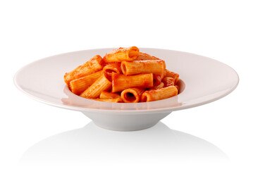 Rigatoni macaroni pasta with tomato sauce  in white plate isolated  on white with clipping path included