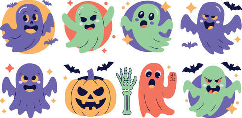 Naklejka premium Vector art of cute halloween ghosts and pumpkin with bats isolated on white background