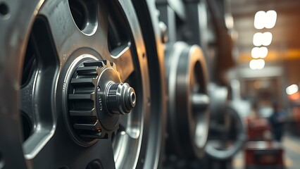 Detailed shot of an industrial metal wheel, showcasing mechanical engineering in a workshop setting.
