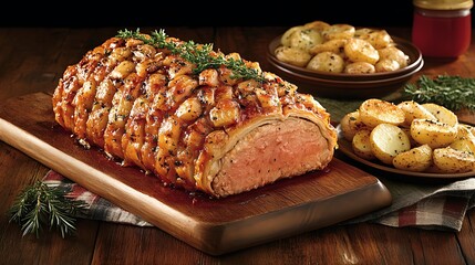Roasted stuffed meatloaf served with roasted potatoes.