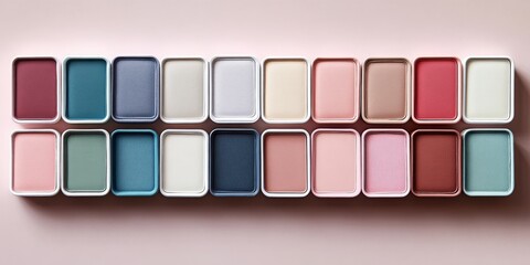 displays a collection of rectangular eyeshadow pans in various pastel and neutral shades, perfect for beauty blogs, makeup tutorials, or cosmetic product showcases.