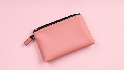 Makeup bag on soft pink surface, top view with clean copy space and even studio lighting.