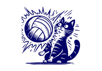 Cat Dog Playing Volleyball Hand Drawn Natural Illustration Stylized as Linocut Vector Isolated by AZ for Books, Arts, Design and Decoration Graphic Asset