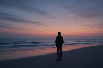 Fototapeta premium Lone person standing on beach at twilight gazing into ocean in peaceful introspective moment