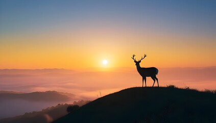 Deer Silhouette at Sunrise on Misty Hilltop – Majestic Nature Landscape at Dawn

