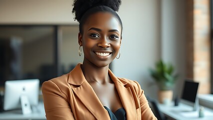 A confident African businesswoman in stylish attire at a modern workspace with blurred background.
