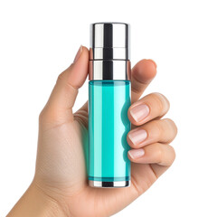 Teal cosmetic bottle held by hand