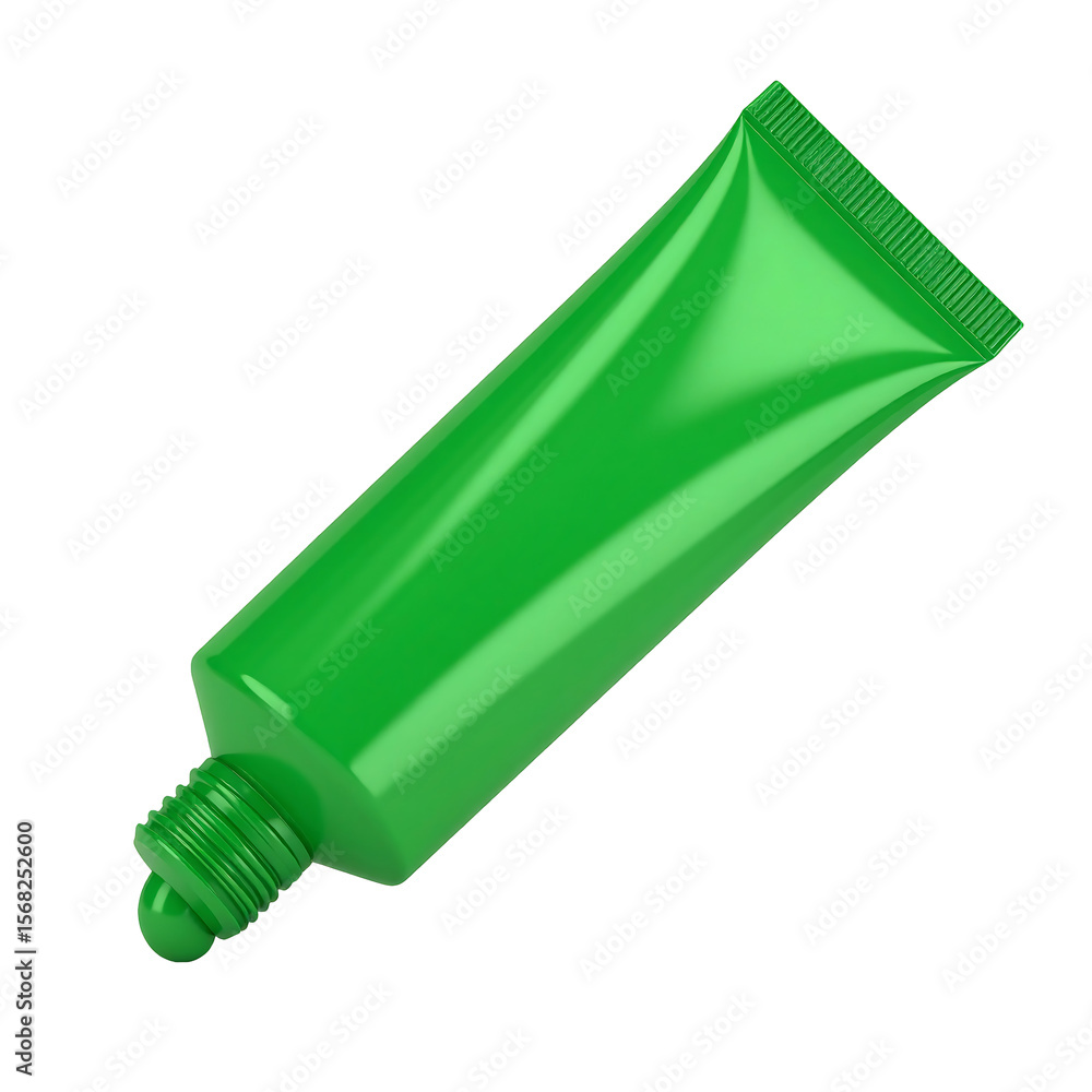 Poster mint green paint tube with rounded cap and soft curled end floating on transparent background