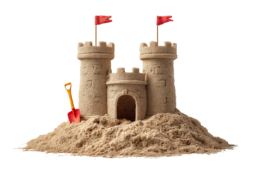 Elaborate sandcastle with red flags and a shovel isolated on black backdrop, sandcastle, sand, castle, beach, summer, vacation, toy, shovel, flag, red, black background, childhood, fun, recreation, ho