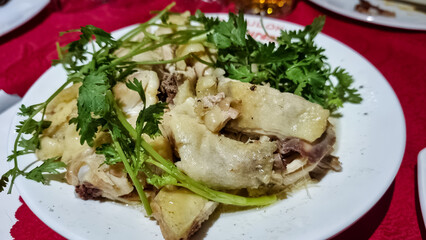 Freshly prepared chicken dish served on a white plate with herbs and cilantro garnish, perfect for dining or culinary representation in gastronomy and traditional cuisine settings.