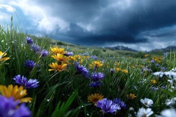 Beautiful field of wildflowers under dark stormy skies at midday