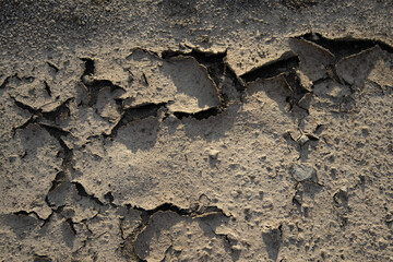 Cracked dry soil surface in sunlight, showing natural patterns of drought