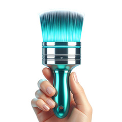 Teal makeup brush held in hand against black background