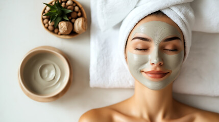Woman relaxing with a clay mask applied evenly on her face during a spa treatment at home