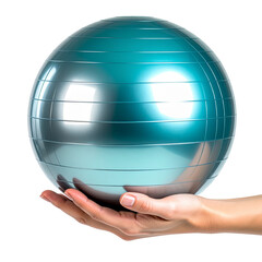 Teal exercise ball held in hand against black background
