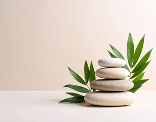 Obraz premium Stacked stones and leaves on pastel background