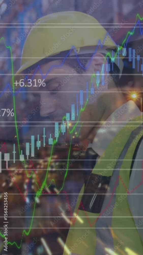 Poster animation of data processing over warehouse worker using smartphone in shipping centre
