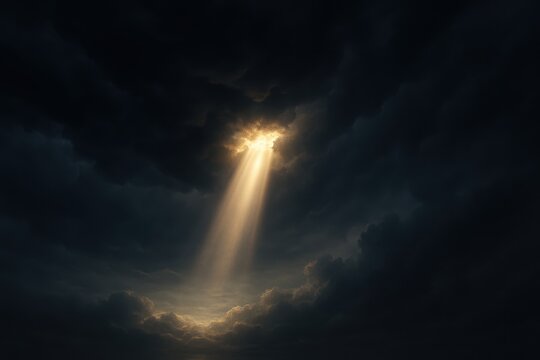 Sunlight breaking through dark storm clouds with dramatic rays over ocean horizon