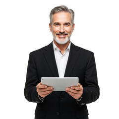 A confident businessman in a suit holding a tablet is isolated on a transparent background PNG.