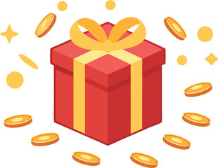 Isometric gift box with yellow ribbon and gold coins around vector illustration